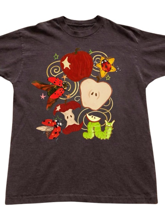 Gildan Tops - Gildan Black Tee with Red Apples, Ladybugs & Green Caterpillar